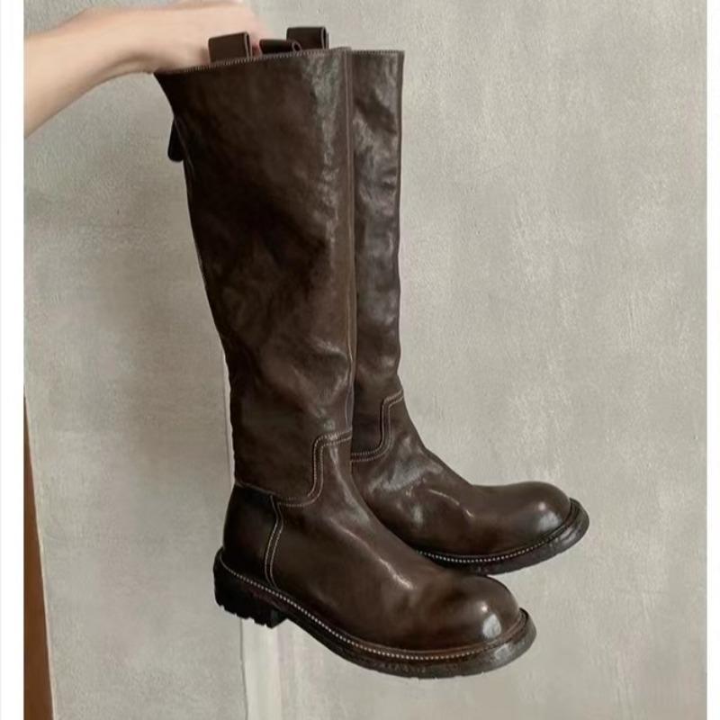 Cowhide version ~ retro pleated thick-soled long knight boots women's slim leather high boots