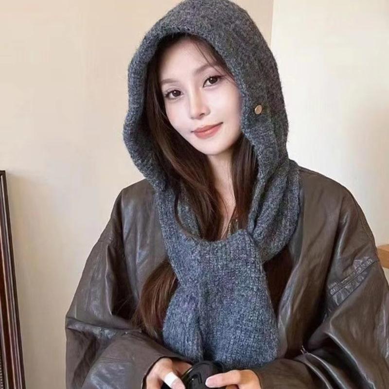 Winter New Women's Solid Color Knitt Hat Scarf One-piece Balaclava Hat,Thickened Warm and Cold Proof Suitable for Outdoor,skiing