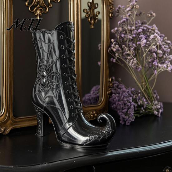 Mysterious Desktop Accent Gothic Witch Boot Vase, Halloween Table Centerpiece Black Spider Web Style Gift High Heel, Flower Holder for
