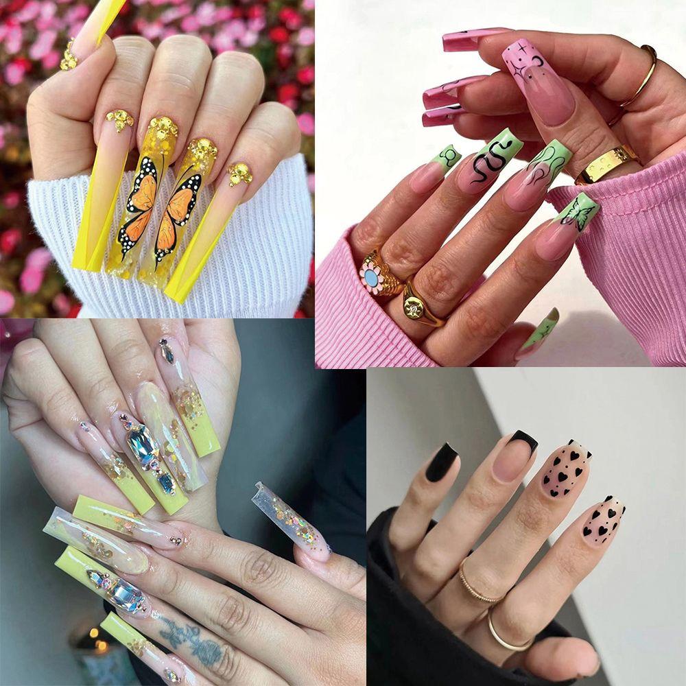 

24шт Пресс На Ногтях Длинные Ногти Розовая Любовь Французские Накладные Ногти Накладные Ногти Полное Покрытие Кристалл Бабочка