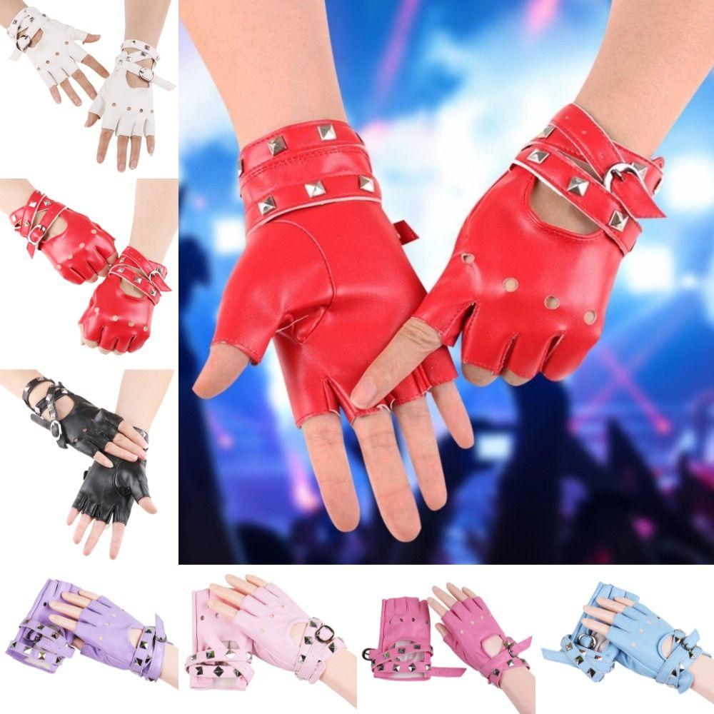Cool Rivets Belt Wrist Gloves Punk Fingerless Mittens Performance Gloves  Disco Dancing