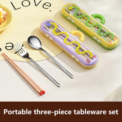 Dopamine Portable Tableware For Students And Workers Chopsticks Fork Spoon Three-Piece Set 304 Stainless Steel Portable Box