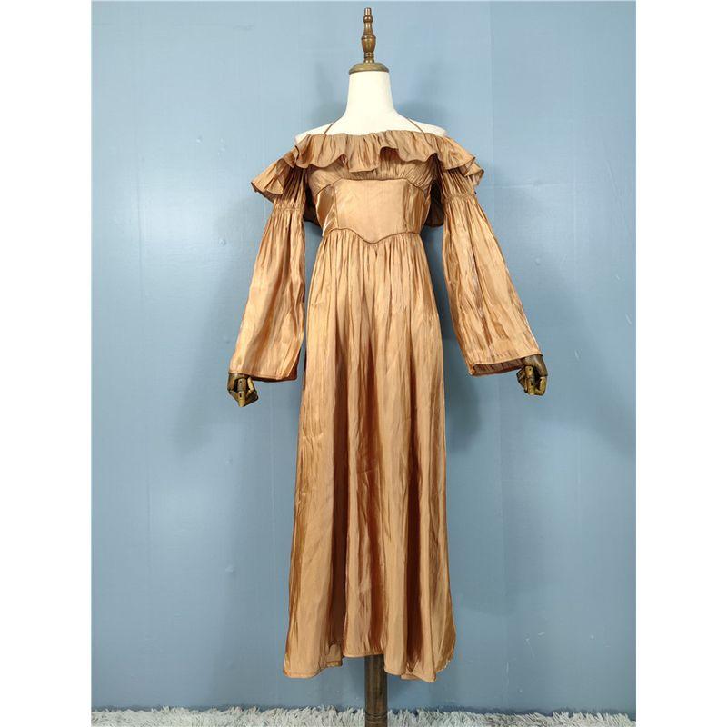 

Export Women s Summer New Arrival Long Sleeves Ruffles Halterneck off-Shoulder Shining Silk Elegant Beautiful All-Match Dress Bright Silk Maroon S