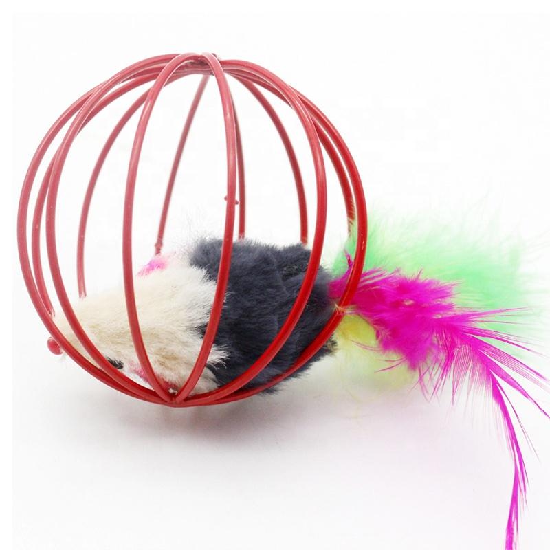 Cat Toy Plush Mouse Metal Cage Interactive Exercise Feather Ball Fun Durable Kitty Play Toy Crinkle Sound Lifelike