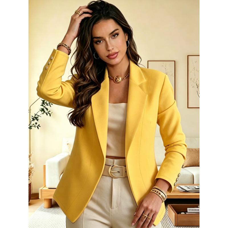 Women S Solid Long Sleeve Blazer Lapel Collar Elegant Office Style