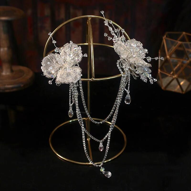 Korean Bridal Crystal Tassel Hair Clip - Elegant Wedding Headdress Accessory