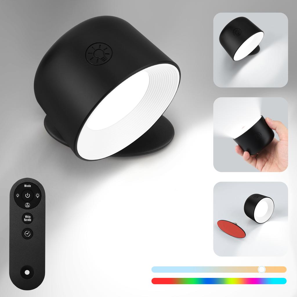 Magnetic wall lamp, 360 degree rotatable night light, remote control desk lamp, bedside lamp, touch adjustable color change, tim