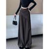 Grey High Waist Wide Leg Pants Women Autumn Split Design Slim Tied Waist Floor Length