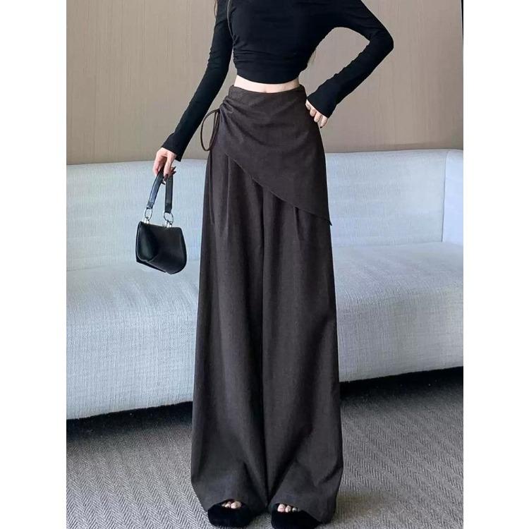 Grey High Waist Wide Leg Pants Women Autumn Split Design Slim Tied Waist Floor Length