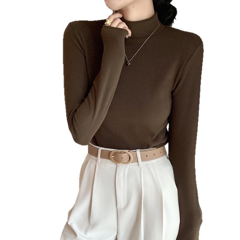 Women's Double-Sided Velvet Slim-Fit Long Sleeve Top - Pure Color, Ideal for Autumn and Winter