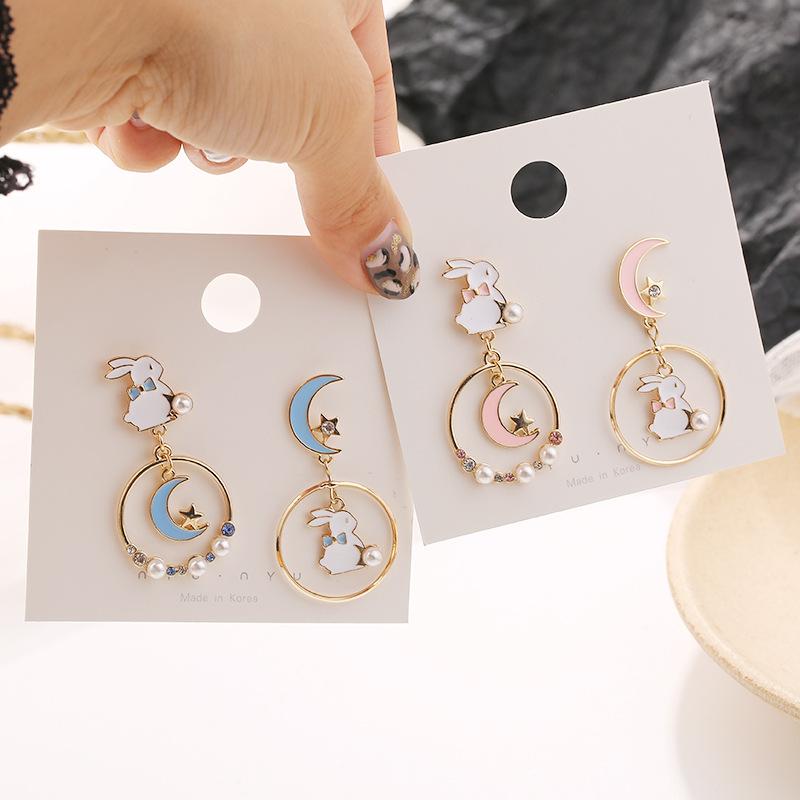 New Fashion Moon Stars Rabbit Dangle Earrings For Women Flower Kitten Fishbone Crystal Pearl Asymmetrical Earring Party Jewelry