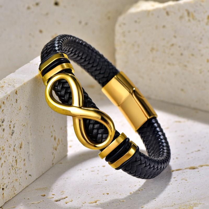 Mens Stainless Steel Infinity Symbol Braided Leather Bracelet Fashion Casual Wristband