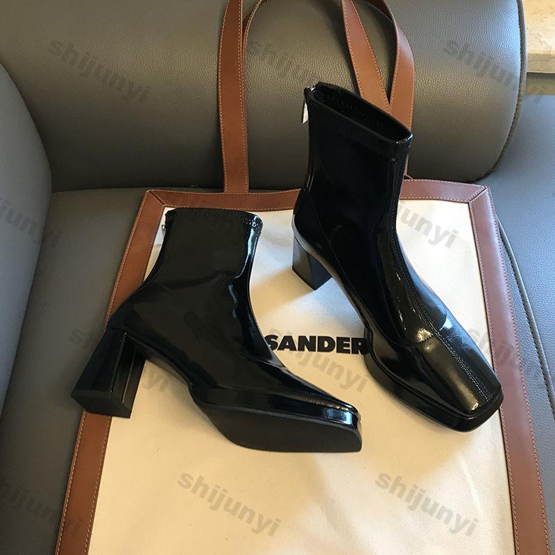 Women's High Heel Ankle Boots Square Toe Patent Leather Zipper Short Boots Woman Solid Color Chunky Mid Heel Botas Mujer