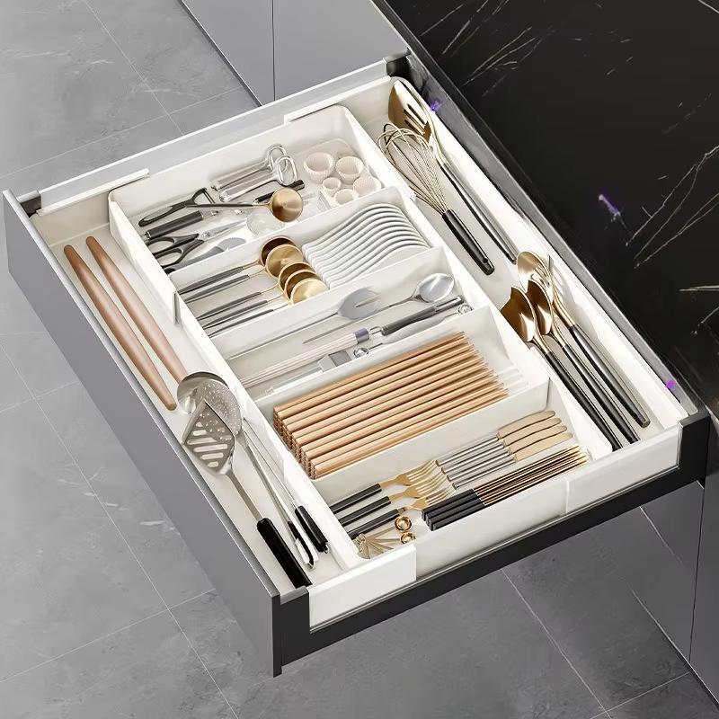 1pc Kitchen Drawer Retractable Storage Box Large-capacity Partitioning Storage Tray Home Tableware Knife Spoon Organizing Box