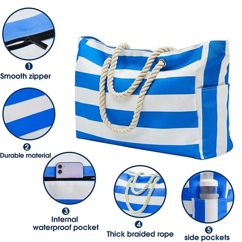 Beach Bags for Women Waterproof Stripes Tote Bag with Zipper Shoulder Bags Waterproof Sandproof Swim Pool Bag Large Tote
