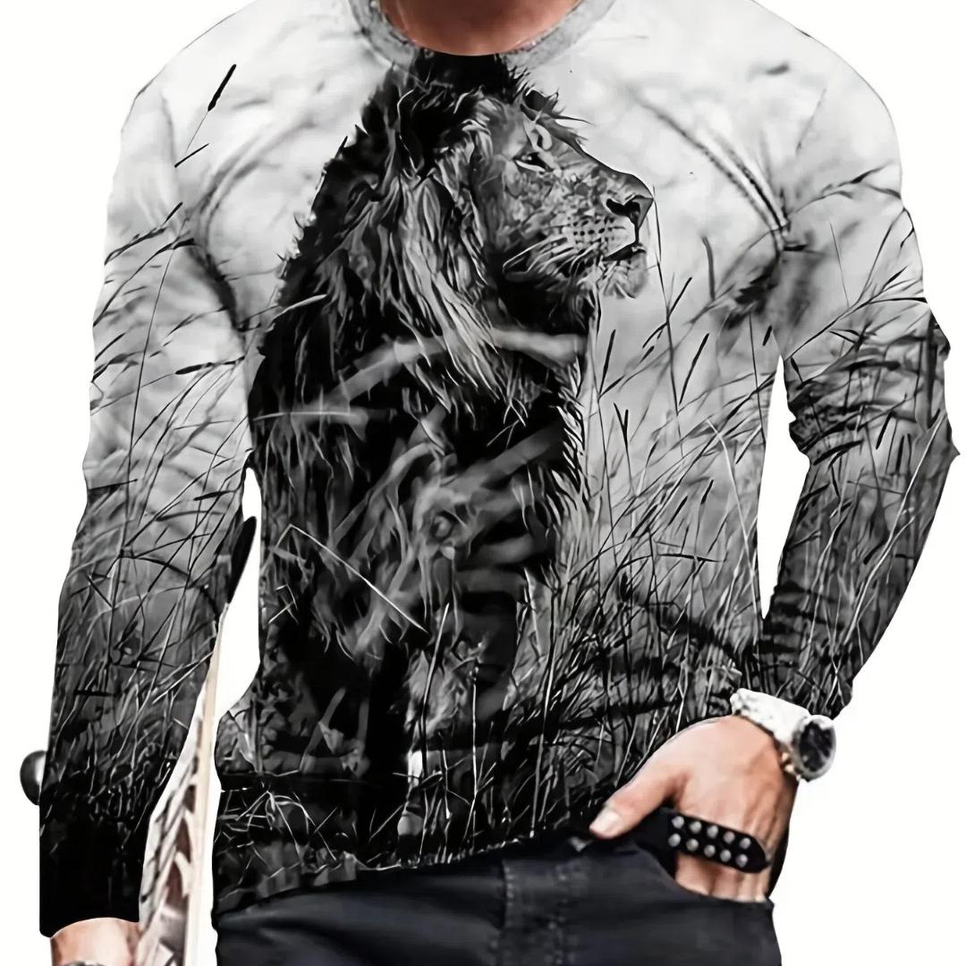 

Чоловіча осіння футболка з довгим рукавом і портретом лева, пуловер, зручний крой, вулична повсякденна сорочка, низ, верх, великий розмір 2XL