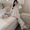 Golden Velvet Lace Trim Pajama Set for Women - Long-Sleeved & Pants, Autumn/Winter Court Style, Luxuriously Comfortable Homewear.