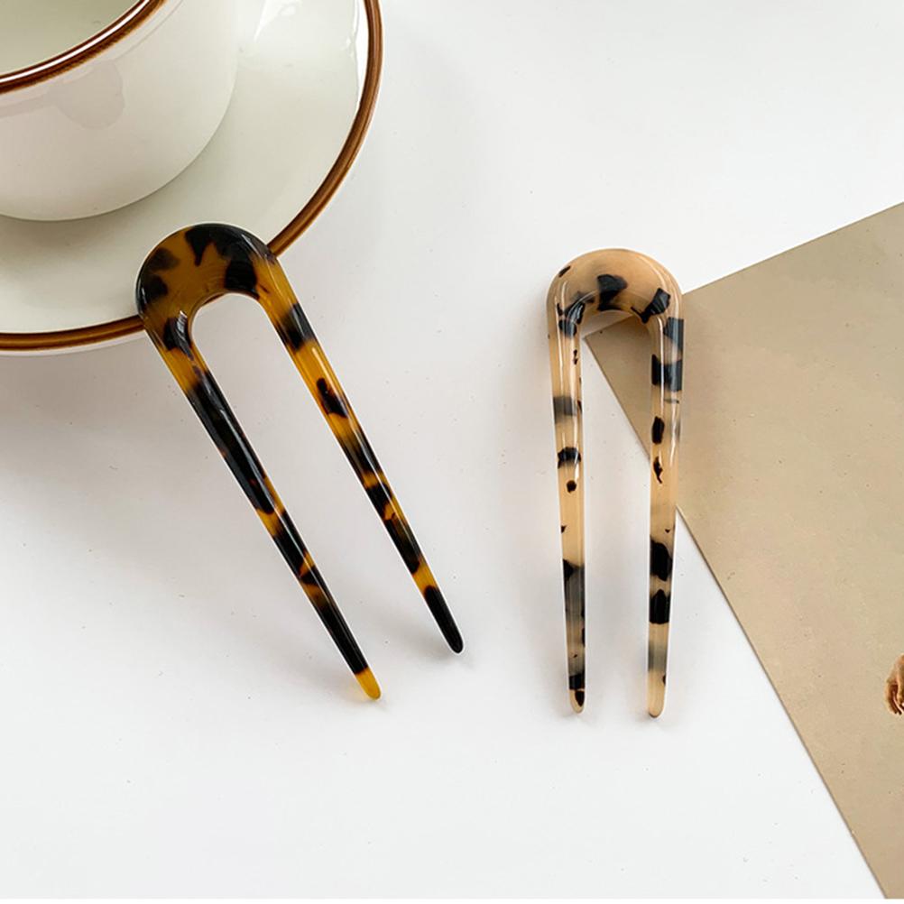 2Pcs U Shaped Hairpin French Style Hair Stick Tortoise Shell Hair Pin 2 Prongs Updo Chignon Pins for Women Girls Hair