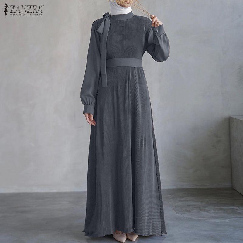ZANZEA Women Casual Round Neck Loose Long Sleeve Pleated Long Dress
