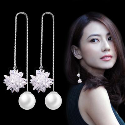 Moda feminina coreana elegante antialérgica 925 banhada a prata cristal flor de gelo pendurado brincos longos linha de orelha pérola brincos femininos joias de orelha presentes de natal