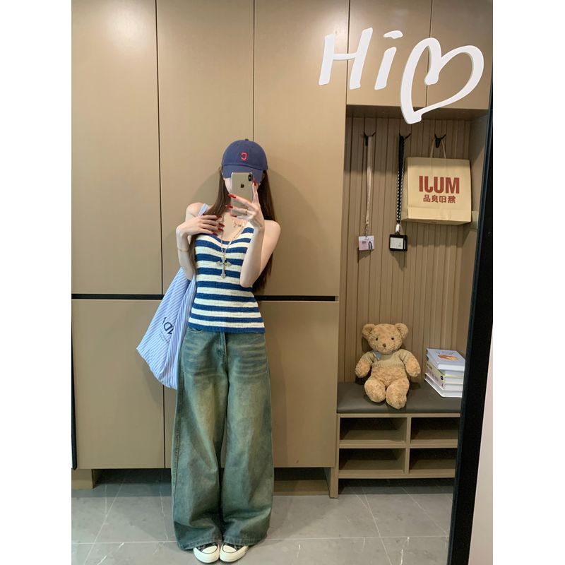 Kumikumi Gyaru Style Blue Stripe Sexy Temperament Halter Top Women Summer Waist Hugging Slimming Versatile Top