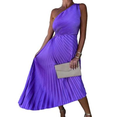 Women Elegant Irregular Pleated Hem Dress Lady Diagonal Collar Backless Maxi Dress Ruffled Sleeveless Mid-rise Evening Party Dress