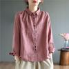 Spring Floral Embroidery Blouse Women Long Sleeve Solid Color Button Shirt Turn Down Collar