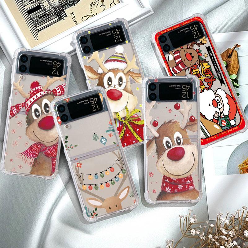 Christmas New Year Gifts Elk Snow Coque for Samsung Galaxy Z Flip 4 Z Flip 3 5G ZFlip4 ZFlip3 Flip4 Flip3 Clear TPU Case