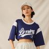 Li-Ning American Vintage Letter Print Color Block Loose Round Neck Short Sleeve T-Shirt Unisex Tops Deep-Pea-Blue AHST855-1