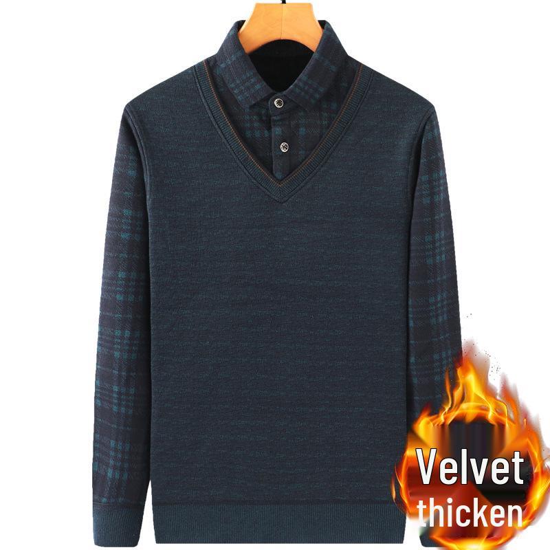 Middle-aged & Elderly Men's Thickened Velvet Knit Sweater Faux Two-Piece