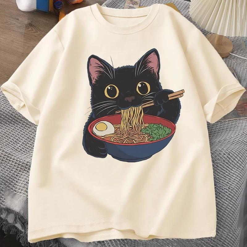 Japanese Ramen Cat T-Shirt Cute Cartoon Short-Sleeve Top Exclusively for Cat Lovers Wear Graphic T Shirts