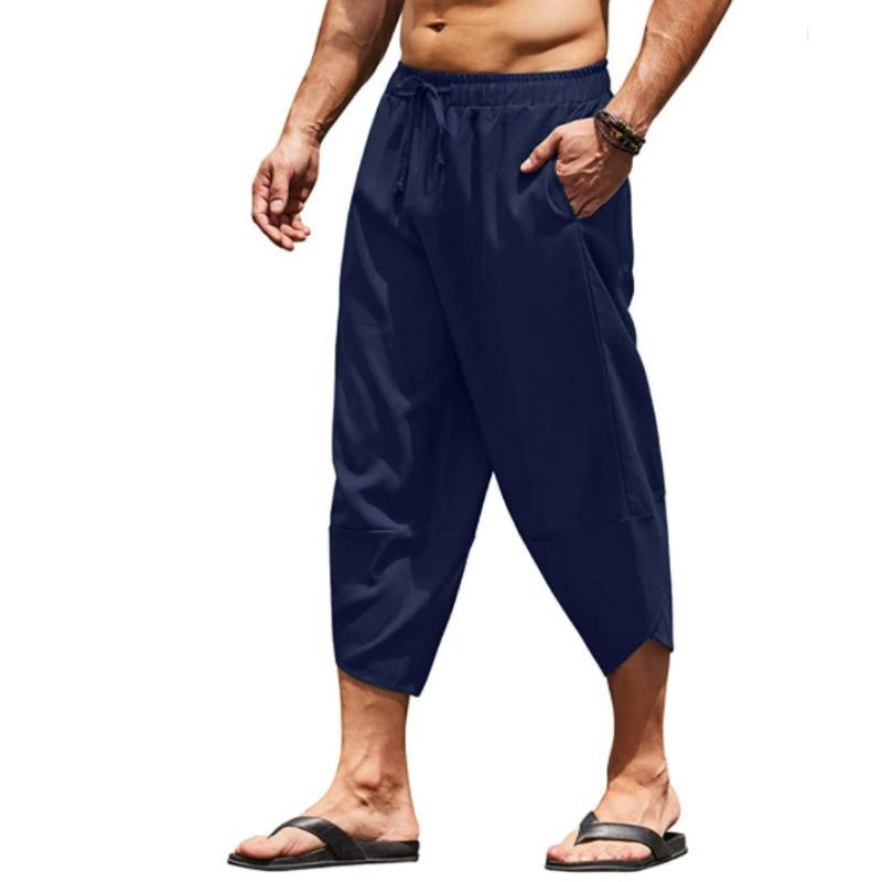 Men's Cotton and Linen Solid Color Loose Drawstring Seven Quarter Pants Casual Shorts