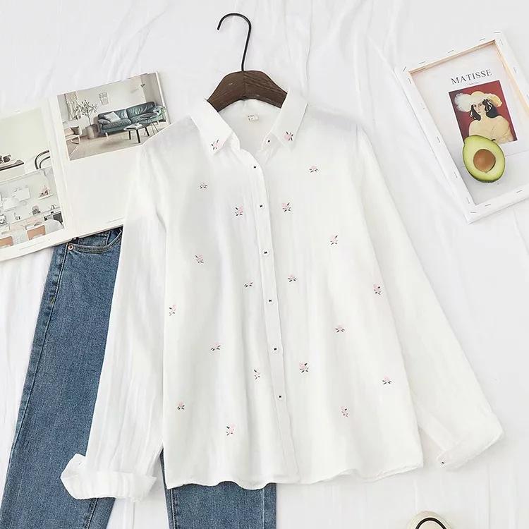 

Весна Осень Женская свежая хлопковая пряжа женская рубашка с длинным рукавом вышитая цветочная женская повседневная рубашка женская блузка одежда XL