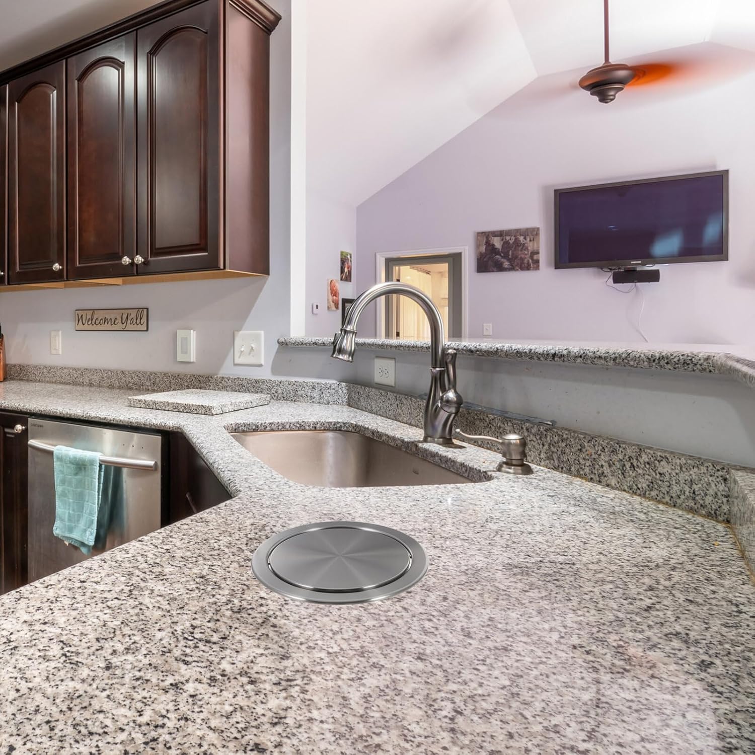 Yardwe Stainless Steel Round Flip Top Trash Can Lid for Kitchen Countertop with Auto Cover