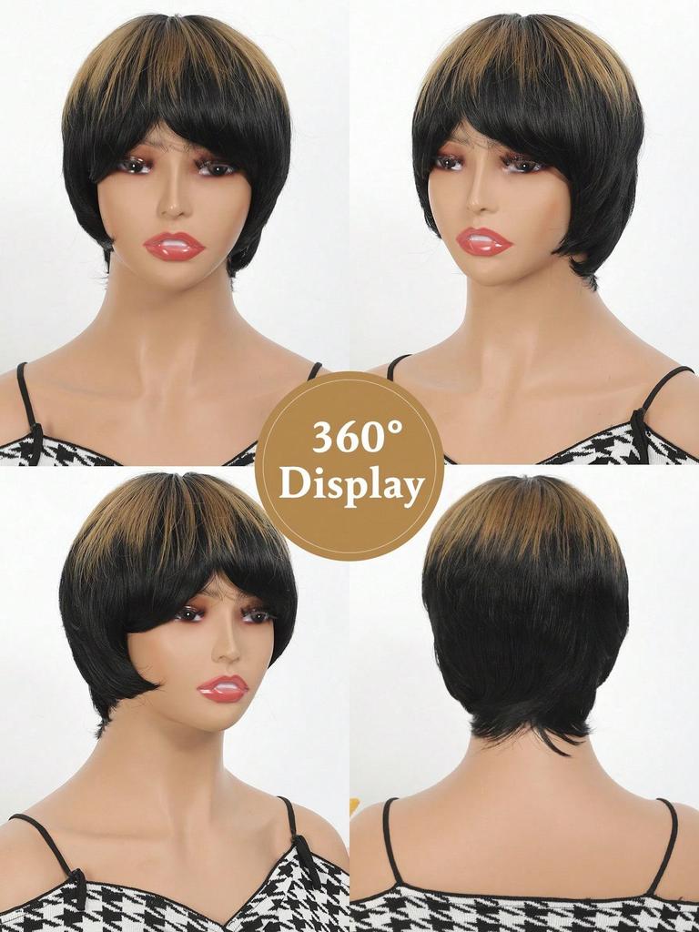 Synthetische Perücke 12 Zoll Pixie Cut Perücken für Frauen Haar Kurze Perücken mit Pony Schwarz Gemischt Braun Beliebte Mode Hitzebeständige Haarteile