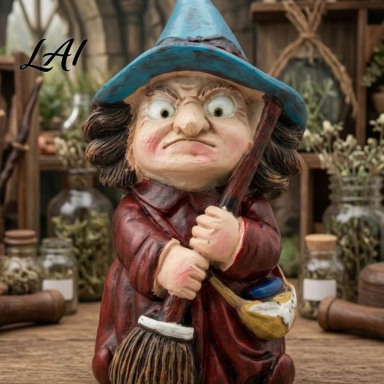 Halloween Party Decoration Witch On Broomstick Resin Figurine Gnome Statue with Wizard Hat Classic Collectible Vintage Spooky Decor for Shelf