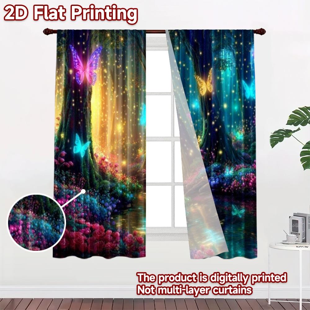 2D flat printing 2pcs Party Window Curtains Enchanted Forest Butterflies Glow Digital Printed Polyester Drapes Seasonal Party &