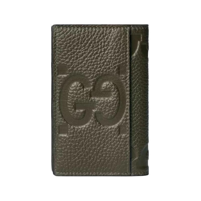 Gucci Jumbo GG Logo Embossed Leather Card Holder Large Men's Dark Green