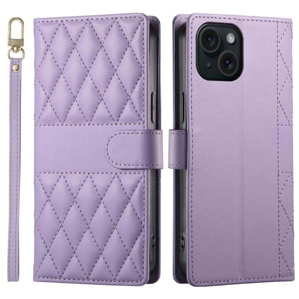 For iPhone 15 Case Rhombus Stitching Wallet Stand Leather Phone Cover with Long/Short Strap