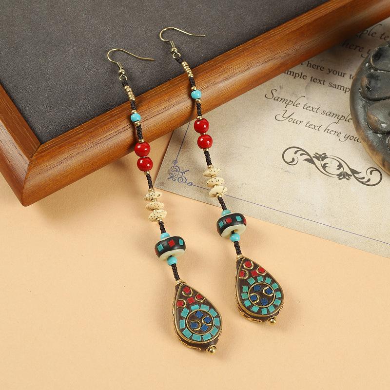 Nepalese Handmade Long Earrings Retro Woven Tibetan Fringed Earrings Female Exotic Style Simple Earrings