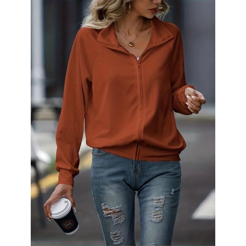 

Повседневная женская куртка большого размера на осень и зиму, однотонная, с длинным рукавом, свободная, на молнии, трикотажная куртка XXL оранжево-красный