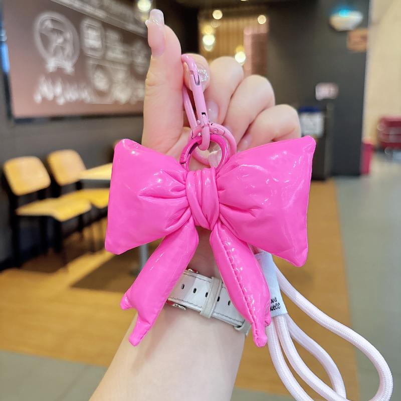 Y2K Trendy Candy Color Leather Cotton Filled Bow Keychain Sweet Bowknot Keyring Bag Pendant Backpack Hanging Decoration