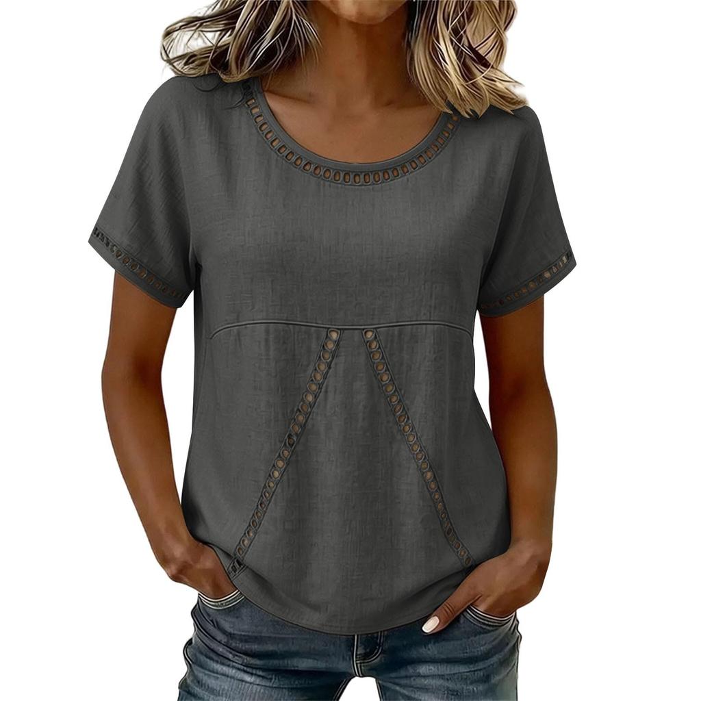 Women Casual Round Neck Shirt Hollow Out Patch Short Sleeve Top Lightweight Loose Fit Blouse for Everyday Wear