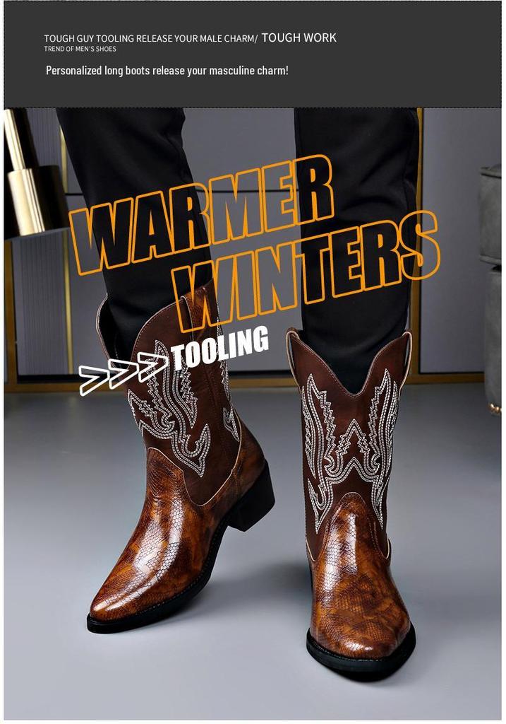 Trendy Men's High-Heeled Embroidered Chelsea Boots - Versatile Western Cowboy & Motorcycle Style