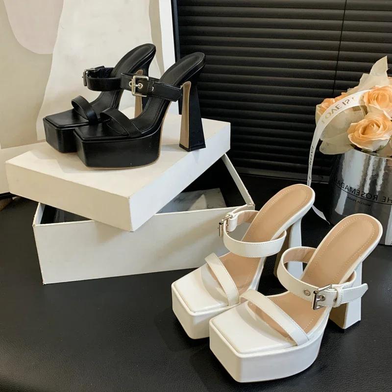 Modă Platformă Curea cu Cataramă Bandă Îngustă Vârf Decupat Papuci de Damă Stil Stradal Tocuri Înalte Pătrate Pantofi de Damă