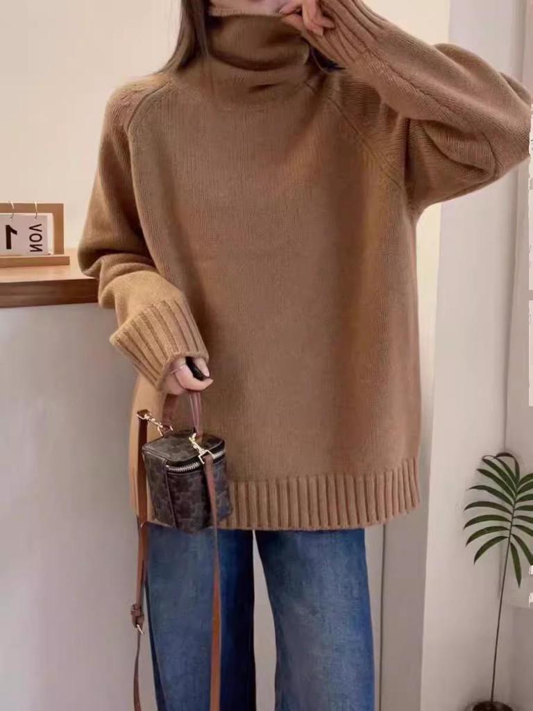 Solid Red Fluffy Knitwear: Women's High Neck Long Sleeve Sweater for Autumn and Winter