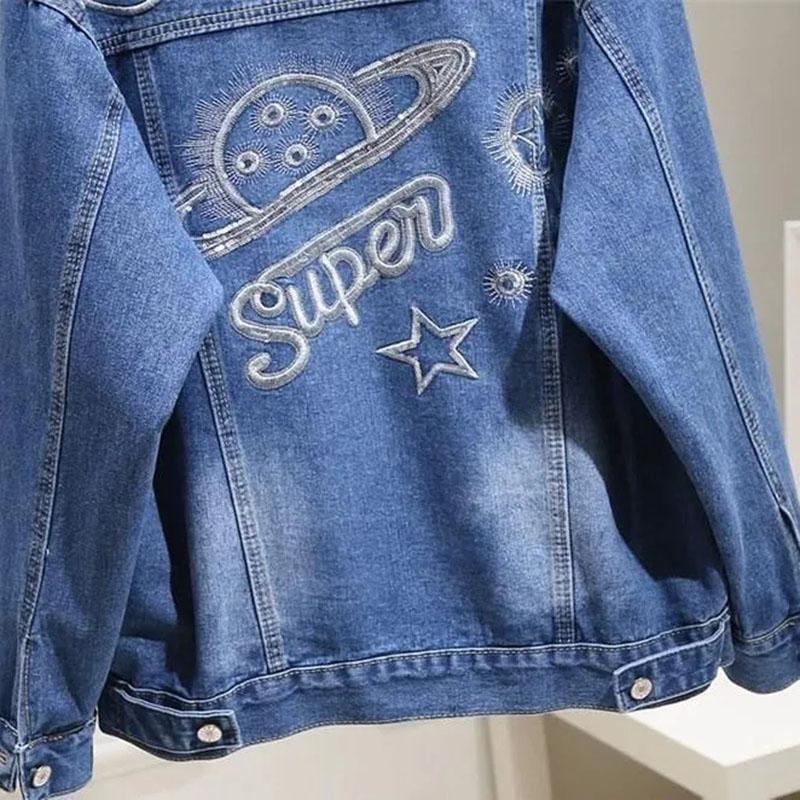 Plus Size M -5XL Cowboy Jacket Women Autumn Embroidery Loose Peplum Casual Coat