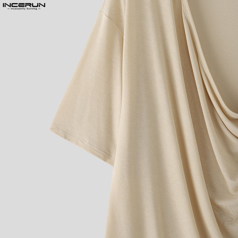 INCERUN T-shirt Casual Estive da Uomo Oversize con Collo a Sottoveste a Maniche Corte, Tinta Unita, Ample