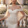 Mantello Nuziale in Tulle con Frange di Perle, Stola Corta Trasparente da Matrimonio con Chiusura Frontale a Perla, Coprispalle Perlate per Abito da Sposa Sirena Senza Spalline, Servizio Fotografico