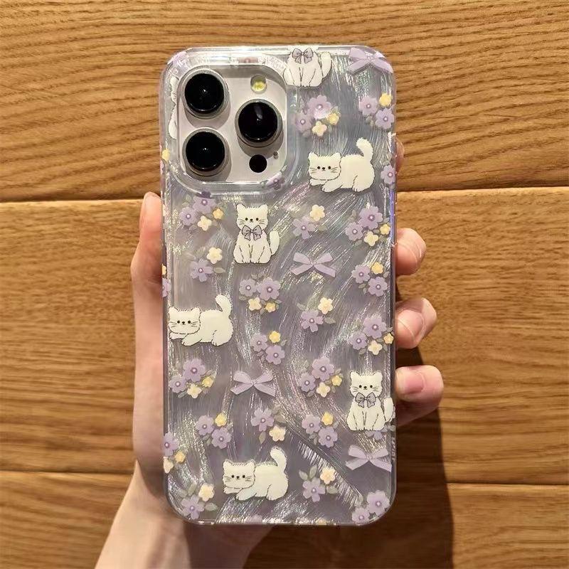 Purple Floral Cat Case for Apple 15/14/13/12/11/Pro/Pro Max/XS Max/XR/XS